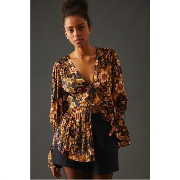 ANTHROPOLOGIE Croset Black Floral Deep V Neck Button Blouse Tunic XS NWT - Picture 9 of 11